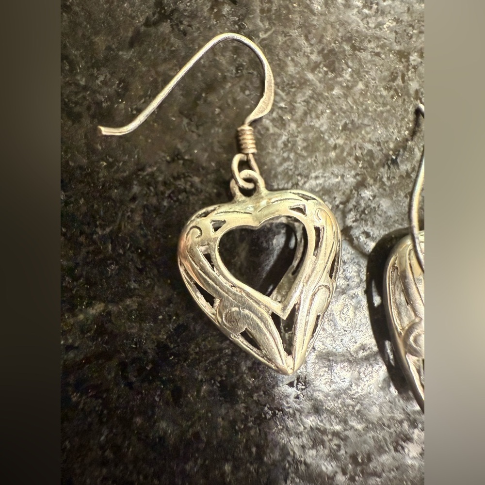 Vintage Sterling Silver Open Heart Filigree Hook Drop Dangle Earrings – 4g - Picture 6 of 9